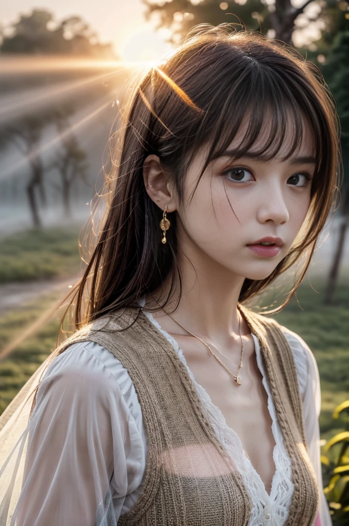 (Photoreal Stick:1.5, masutepiece:1.5, 8K), (top-quality, masterpiece, 超A high resolution), ((fog the lens:1.9)), ((reflect light onto the lens:1.9)), ((Shoot with blur:1.9)), ((sunrises, Sunlight coming in from behind:1.9, The sunlight of the morning sun spreads across the screen:1.9)), ((The woman looks hazy because of the bright light.:1.9, The whole thing looks white and hazy:1.9)), Face Sharp Focus:1.3, Professional camera work:1.3, Highly detailed skin and facial texture:1.3, Grow Light Effect, The ultra-detailliert:1.3, 1girl in, Fair skin, (Sense of clarity:1.4, a small face), Extremely beautiful face:1.5, (Sense of clarityを感じる目:0.9, looking distantly), Enraptured look:1.0, i love you completely:0.8, (Slightly open mouth:0.4, Sense of clarityを感じる口当たり:0.7), 二重まぶた, Dark brown medium hair, necklace and earrings