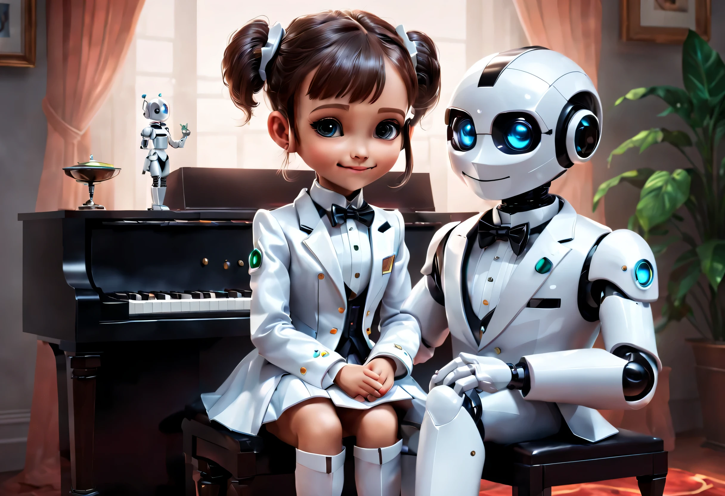 (Robot butler和坐在钢琴前的可爱小女孩), inspired by scientific fiction movies like "Robot butler" Robin Williams, With a warm and friendly smile, Happy (Wearing a holographic white butler suit uniform), Perfect robot future character design, scientific fiction, Black technology, 3D, cyber punk style,
,