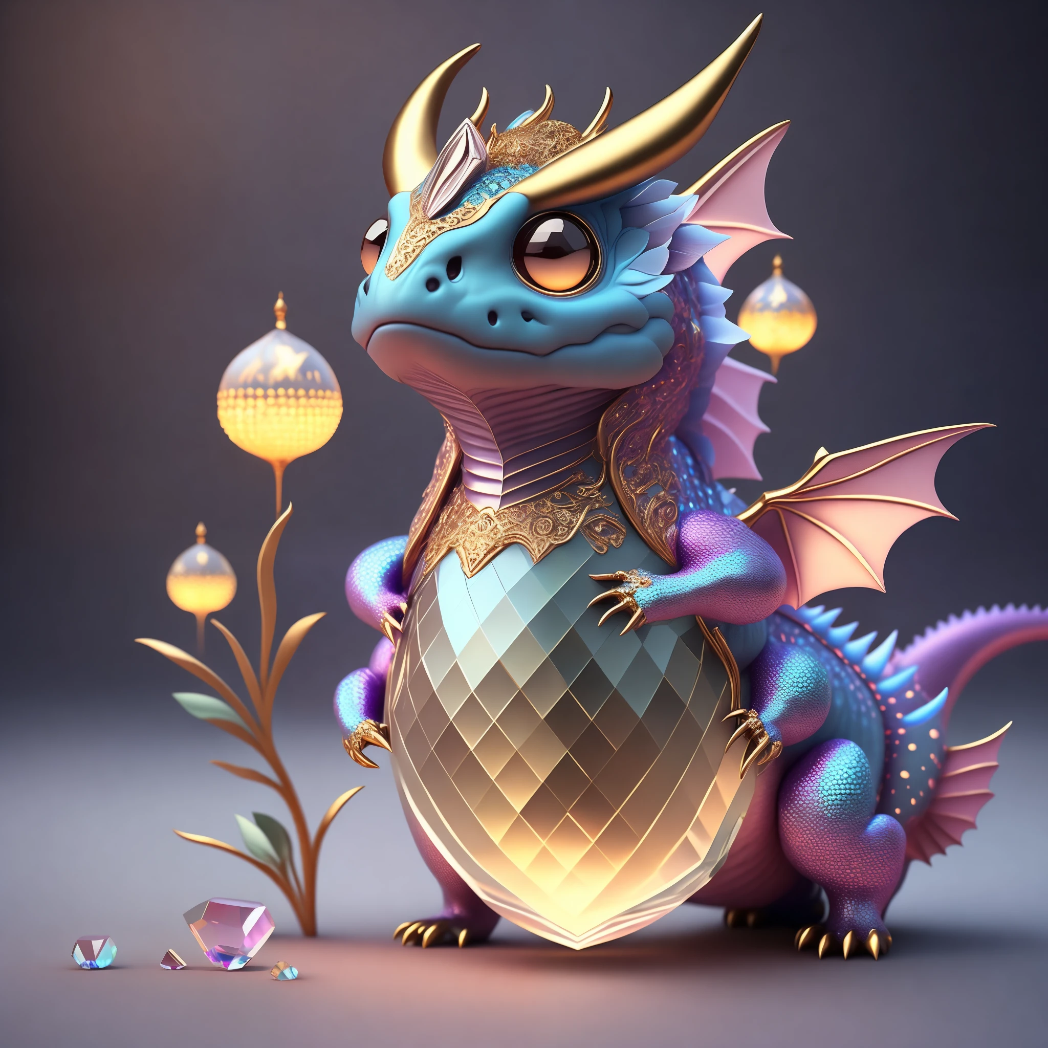 cute little fat dragon, made of crystal ball, Big eyes, big nose, There are many diamonds underneath, dragon horn, Dragon Claw, Dragon scales have a diamond texture, Highly detailed intricate concept art trend artstation 8k with low poly eyes, Octane Rendering, Fine, Wallpaper, Fine details, masutepiece, Best Quality, Official art,PastelColors、florals