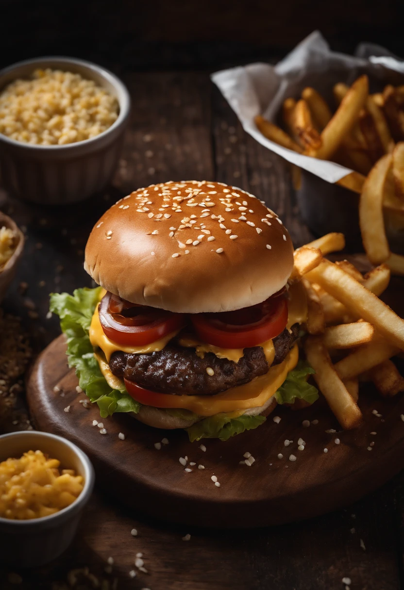 a top-down shot of a cheeseburger on a rustic wooden table, with sesame seeds sprinkled on the bun and a side of crispy golden fries, creating a classic American diner aesthetic