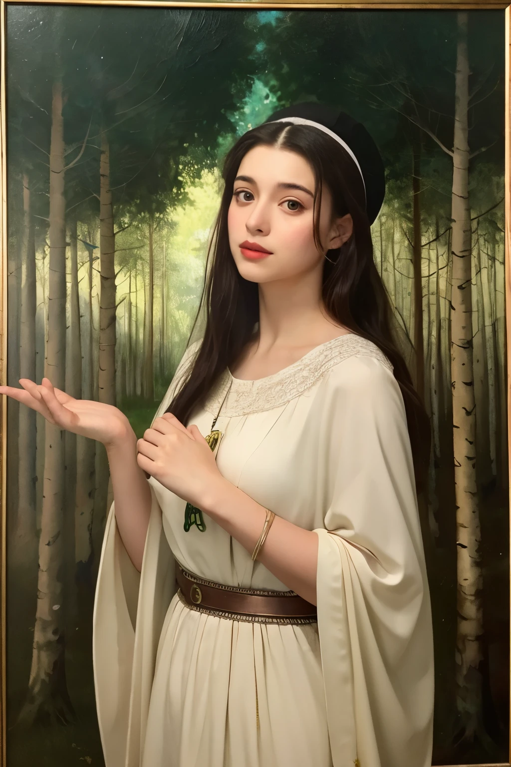 Jewish young woman exposed religious painting forest