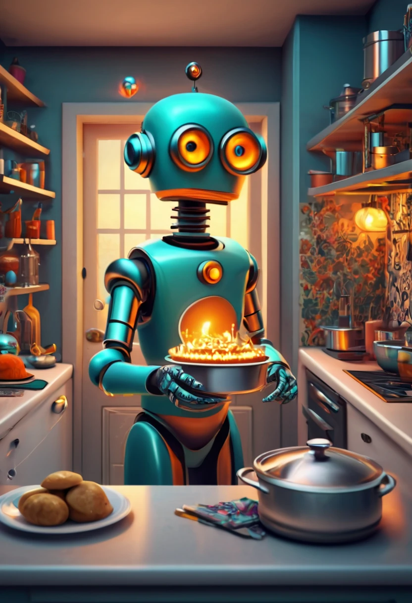 Robot Butler. (best quality,4k,highres:1.2),ultra-detailed,(realistic:1.37),zentangle style Robot Butler cooking for his owners, in the kitchen,ethereal atmosphere,dark shadows,whimsical,neon lights,upbeat energy ,hidden secrets,glimmering reflections,mesmerizing colors,lively and vibrant,mysterious figures,intense intrigue,curiosity piqued,unforgettable moments,secret doorways,elusive mysteries,thrilling adventures,hint of danger,enchanted architecture,wonder-filled alleyways,magical encounters,unfolding stories,spellbinding moments,bewitching journey,nighttime allure,fantasy unleashed.