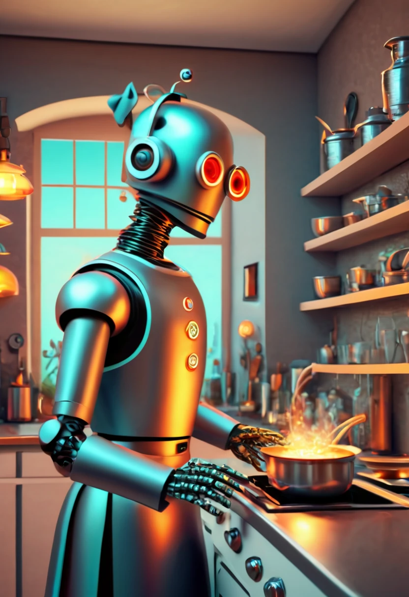 Robot Butler. (best quality,4k,highres:1.2),ultra-detailed,(realistic:1.37),zentangle style Robot Butler cooking for his owners, in the kitchen,ethereal atmosphere,dark shadows,whimsical,neon lights,upbeat energy ,hidden secrets,glimmering reflections,mesmerizing colors,lively and vibrant,mysterious figures,intense intrigue,curiosity piqued,unforgettable moments,secret doorways,elusive mysteries,thrilling adventures,hint of danger,enchanted architecture,wonder-filled alleyways,magical encounters,unfolding stories,spellbinding moments,bewitching journey,nighttime allure,fantasy unleashed.