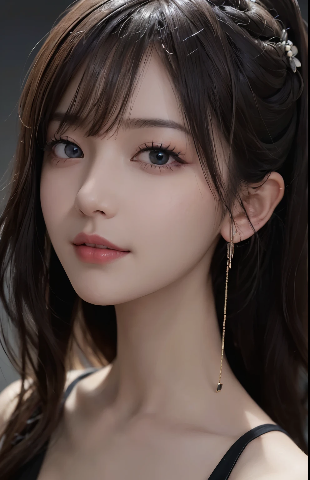 masterpiece, 1 beautiful girl, detail, swollen eyes, best quality, ultra high definition, (reality: 1.4), original photo, 1girl, movie lighting, smile, Japan, Asian beauty, korean, neat, very beautiful, slightly young face, beautiful skin, slender, cyberpunk background, (ultra realistic), (illustration), (high resolution), (8K), (very detailed), (best illustration), ( beautiful and detailed eyes), (super detail), (wallpaper), (detailed face), looking at the viewer, fine details, detailed face, deep shadow, discreet, pureerosfaceace_v1, smile, 46-point diagonal bangs, looking straight ahead, neat clothes, black color eyes, mouth open