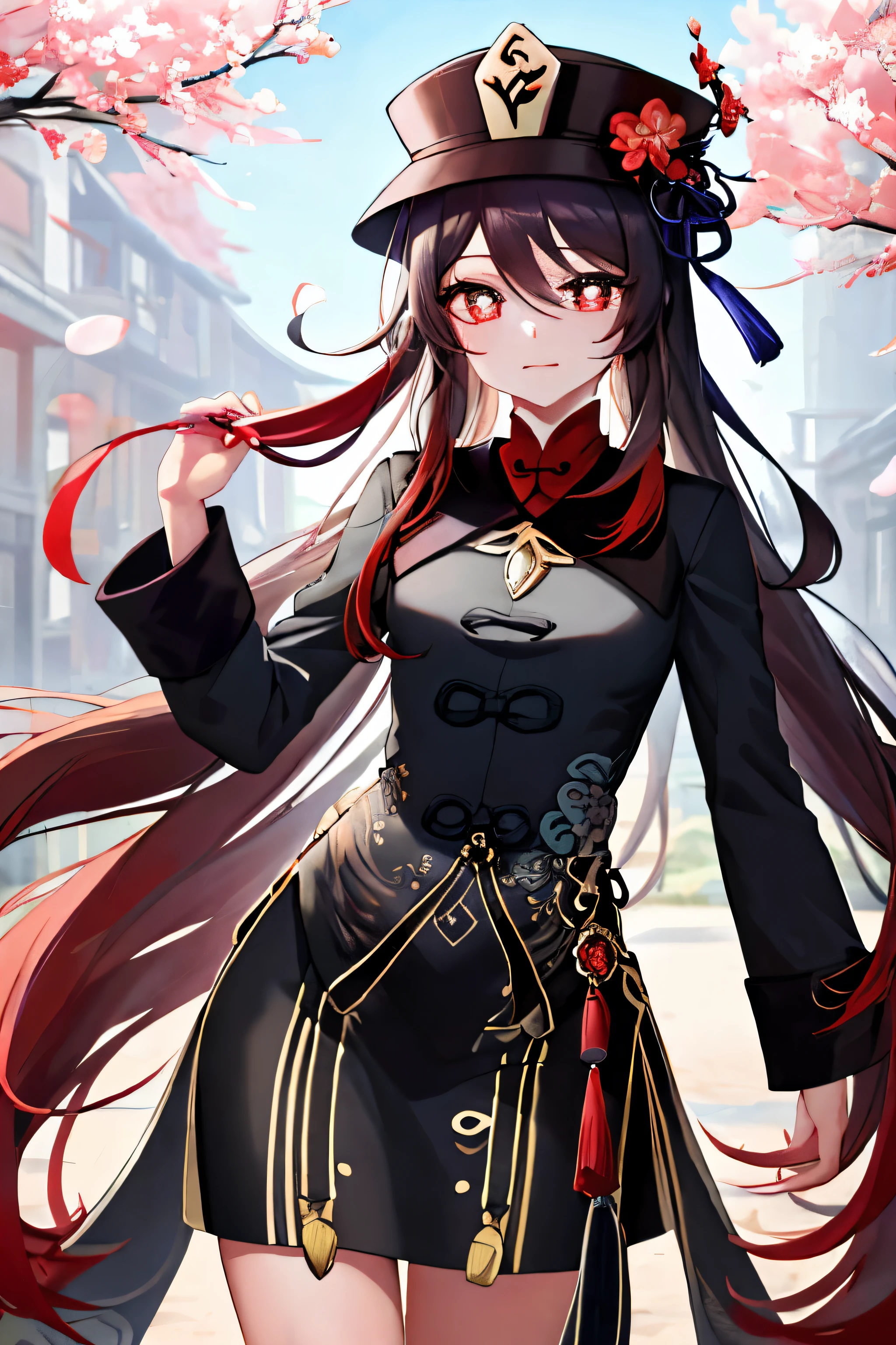 2d, masterpiece, best quality, anime, highly detailed eyes, highly detailed face, highly detailed background, perfect lighting, cowboy shot, feet out of frame, 1girl, solo, standing, hu tao \(genshin impact\), symbol-shaped pupils, flower-shaped pupils, hat, red flower, red eyes, cherry blossoms ,