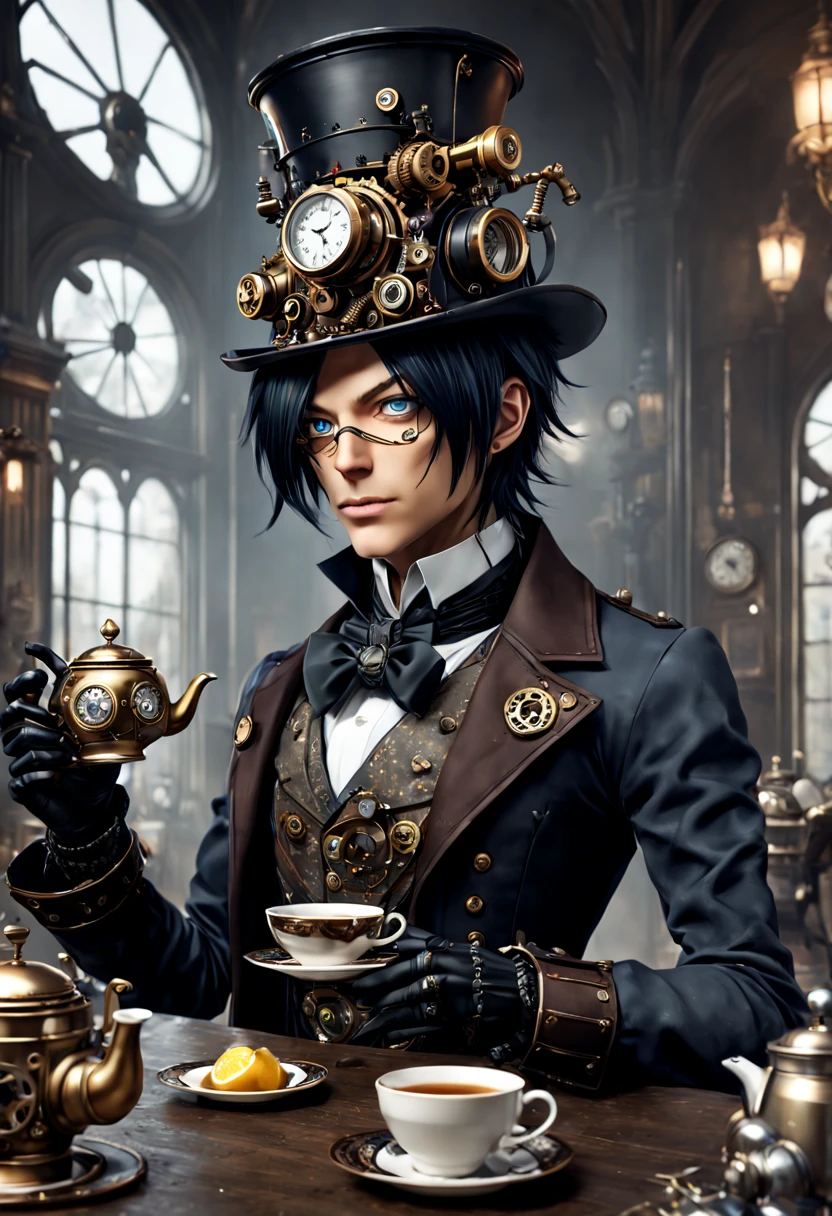 Sebastian from Black Butler as a handsome steampunk robot serving tea, intricate mechanics and elegant gears, photo-realistic. detailed matte painting, deep color, fantastical, intricate detail, splash screen, complementary colors, fantasy concept art, 8k resolution trending on Artstation Unreal Engine 5