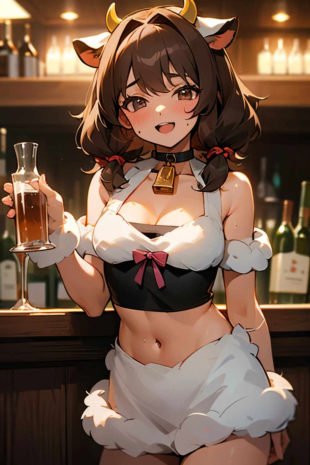 ((masterpiece)), (best quality), cute teenage girl, (cow Costume), (small breast), ((fluffy fur croptop)), silky medium hair, choker, cleavage, cowboy shot, (against the bar), indoor, (bar), blush smile, open mouth, place hands on chest, beautiful food, (old wine), sweaty breast