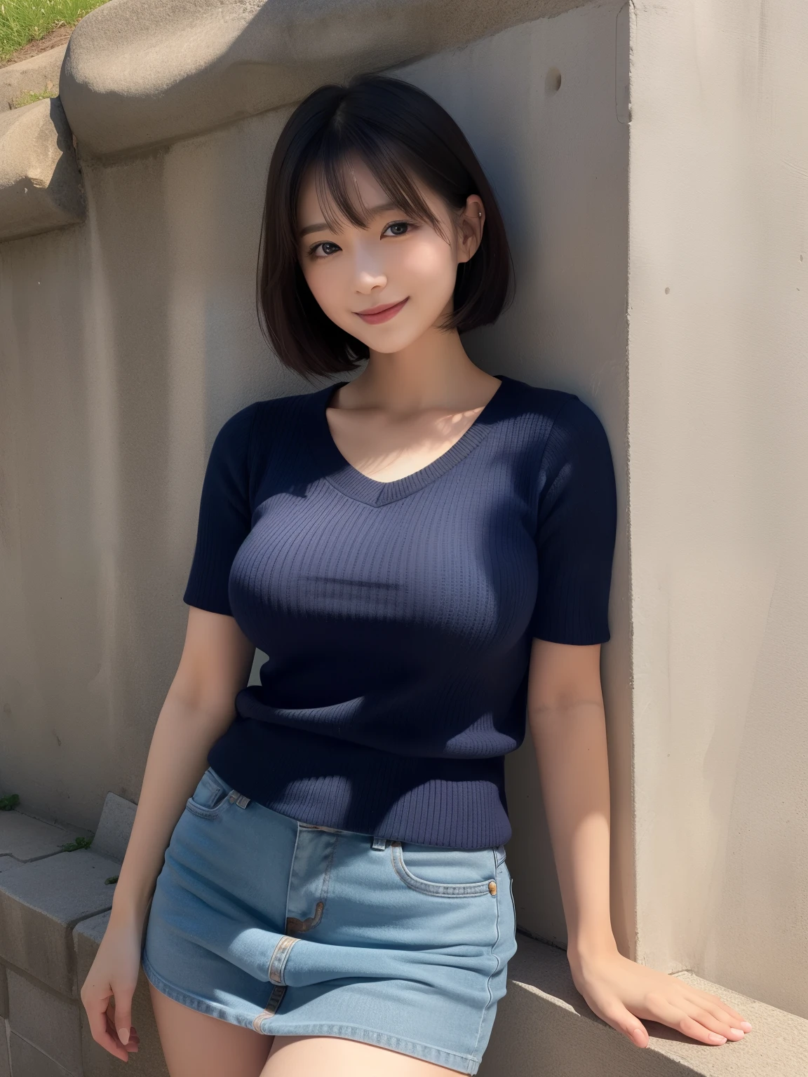((masterpiece))、((top-quality))、a picture、Realisticity、high-level image quality、ultra-detailliert、married woman、age 40s、(Plump body)、Delicate facial features、short-hair、Realistic backgrounds and accessories、large full breasts、Sexy smile、street corner、Leaning against the wall、navy short sleeve knit、see -through、tight miniskirt、((Indirect lighting only))、deepshadow、Zoom Shots、
