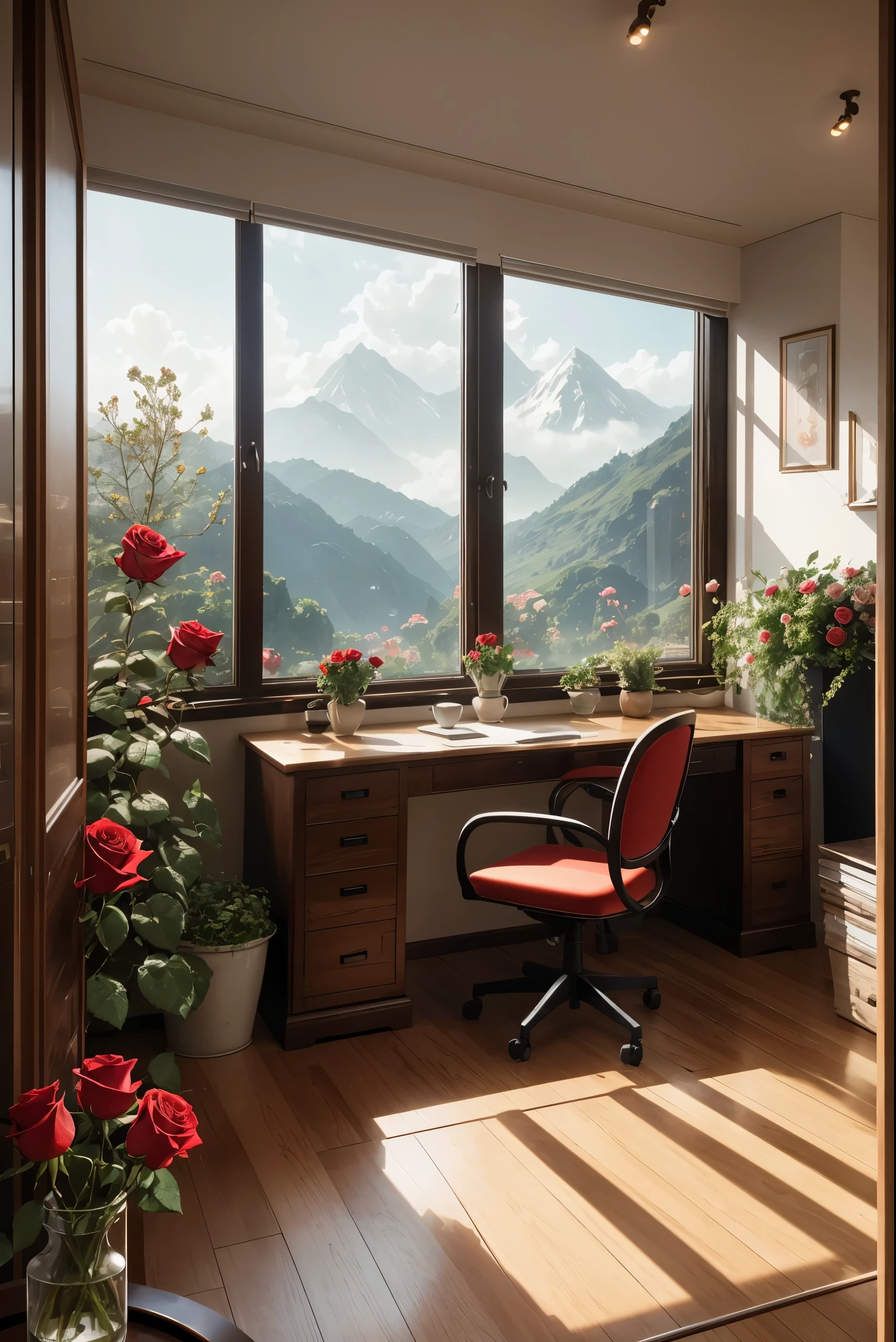 A cup of tea at the desk,The background is a window, A cinematic scene, Perfect light, Beautiful composition, realisticlying, vegetation, red rose, white rose, sign board reads(arifin), beautiful flowers