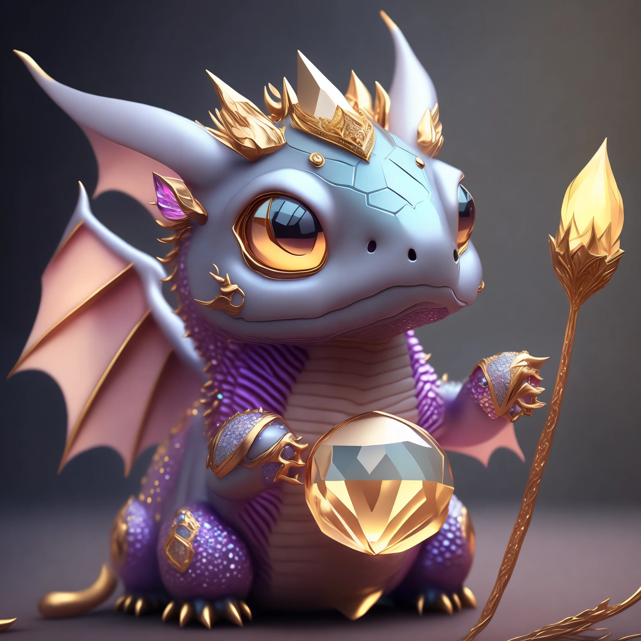 cute little fat dragon, made of crystal ball, Big eyes, big nose, There are many diamonds underneath, dragon horn, Dragon Claw, Dragon scales have a diamond texture, Highly detailed intricate concept art trend artstation 8k with low poly eyes, Octane Rendering, Fine, Wallpaper, Fine details, masutepiece, Best Quality, Official art,PastelColors、florals