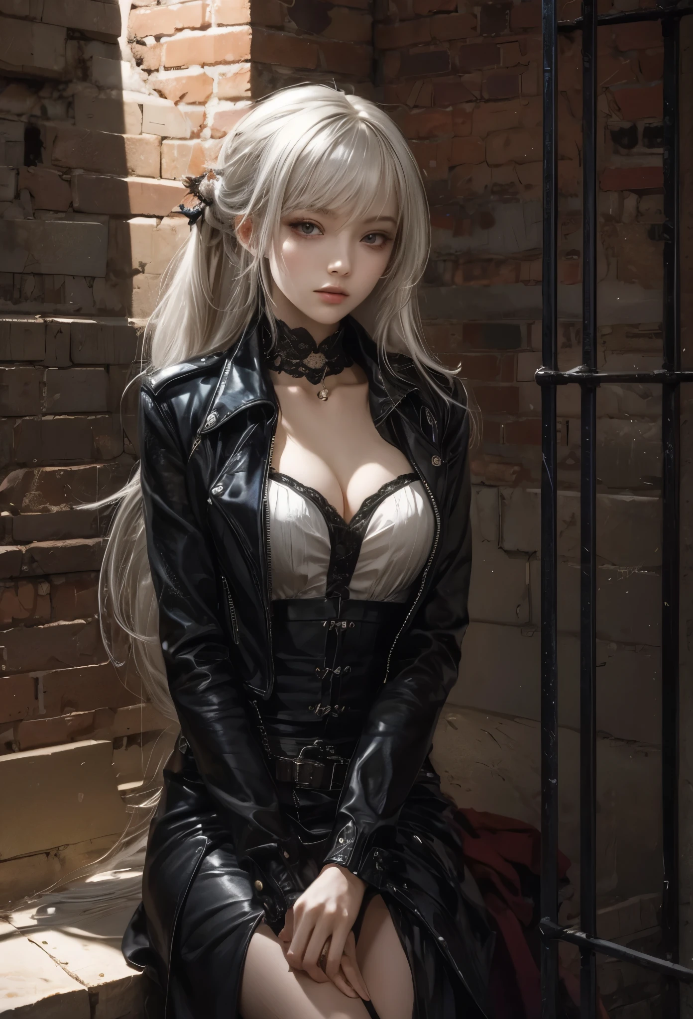 (Detailed illustrations,Very detailed and detailed drawing,Delicate lines with slow and rapid,Realistic texture expression),[Color tressed main line],dim room[prison[Walls and ceilings with exposed bricks that have deteriorated over time]],(japanes(Very Beautiful  Girl)[14year)silber hair (bony and thin body[morbid]SKINNY),[leather [Bondage Fashion],Vampire,(Fine and beautiful skin expression [Transparency]),[完璧な目のdetaileds (Iris beautifully drawn in every detail)[Jewel-like eyes]],[long and beautiful eyelashes],[Meticulously drawn hair],(完璧な手のdetaileds [Beautiful fingers without breakdowns [Beautiful nails]]),(Perfect Anatomy(Perfectly proportioned))[[Full body like]],[Ideal color coordination(Accurate simulation of light-material interactions)],([Precision Detail](detaileds,high-detail)),[[Pale and gentle colors]][Visual art that conveys a sense of narrative] [[Eros in the Natural Body]].