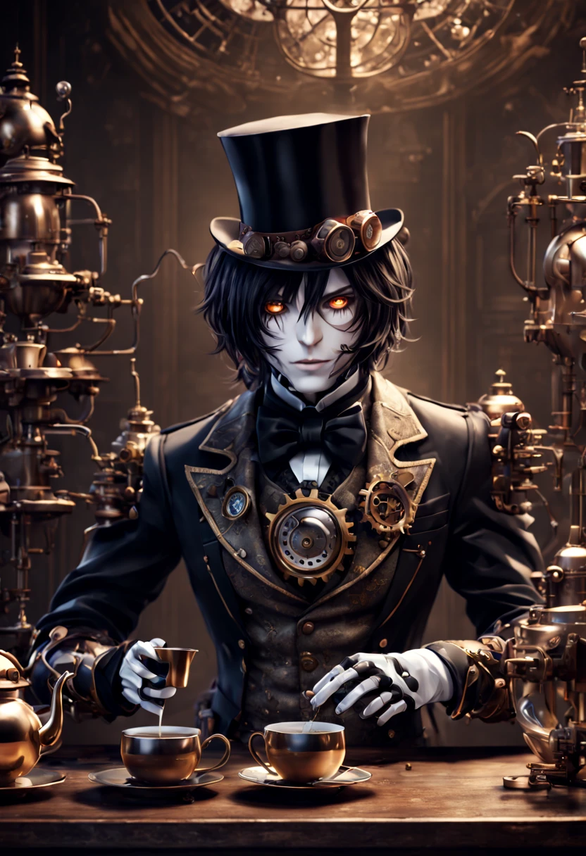 Sebastian from Black Butler as a handsome steampunk robot serving tea, intricate mechanics and elegant gears, photo-realistic. detailed matte painting, deep color, fantastical, intricate detail, splash screen, complementary colors, fantasy concept art, 8k resolution trending on Artstation Unreal Engine 5