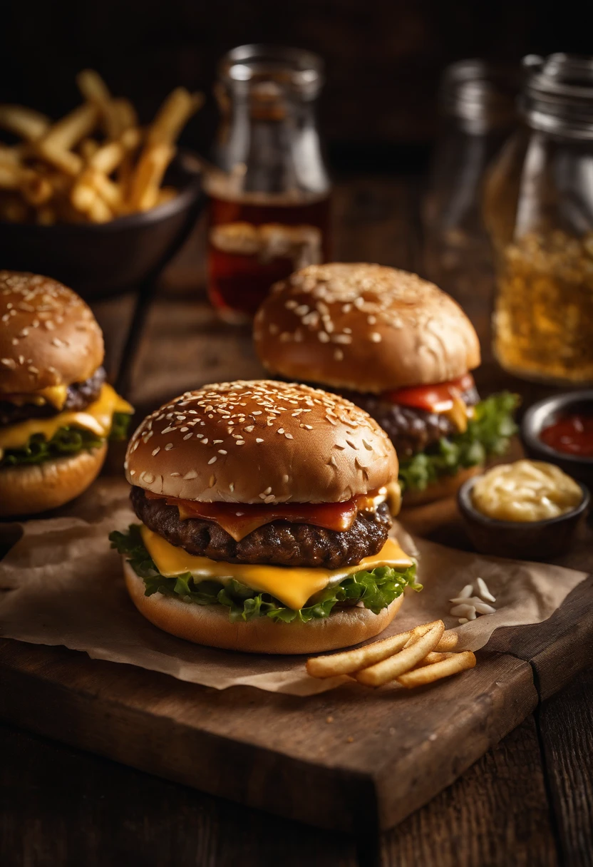 a top-down shot of a cheeseburger on a rustic wooden table, with sesame seeds sprinkled on the bun and a side of crispy golden fries, creating a classic American diner aesthetic