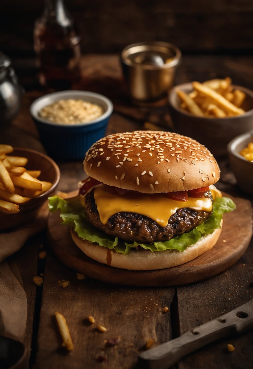 a top-down shot of a cheeseburger on a rustic wooden table, with sesame seeds sprinkled on the bun and a side of crispy golden fries, creating a classic American diner aesthetic