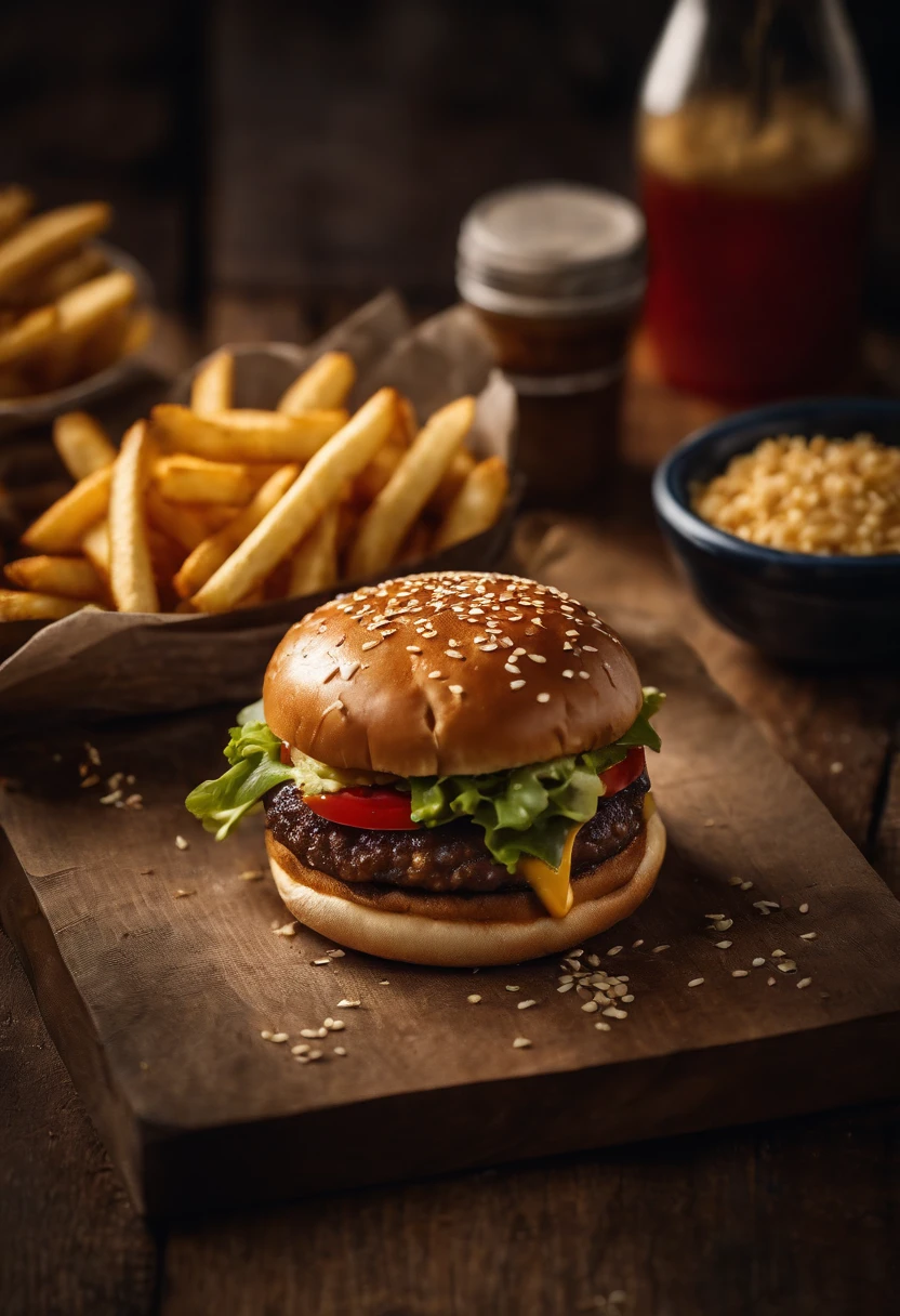 a top-down shot of a cheeseburger on a rustic wooden table, with sesame seeds sprinkled on the bun and a side of crispy golden fries, creating a classic American diner aesthetic