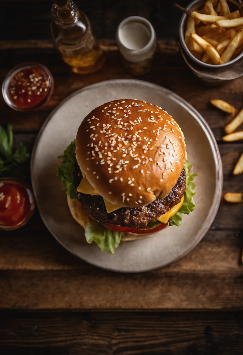 a top-down shot of a cheeseburger on a rustic wooden table, with sesame seeds sprinkled on the bun and a side of crispy golden fries, creating a classic American diner aesthetic