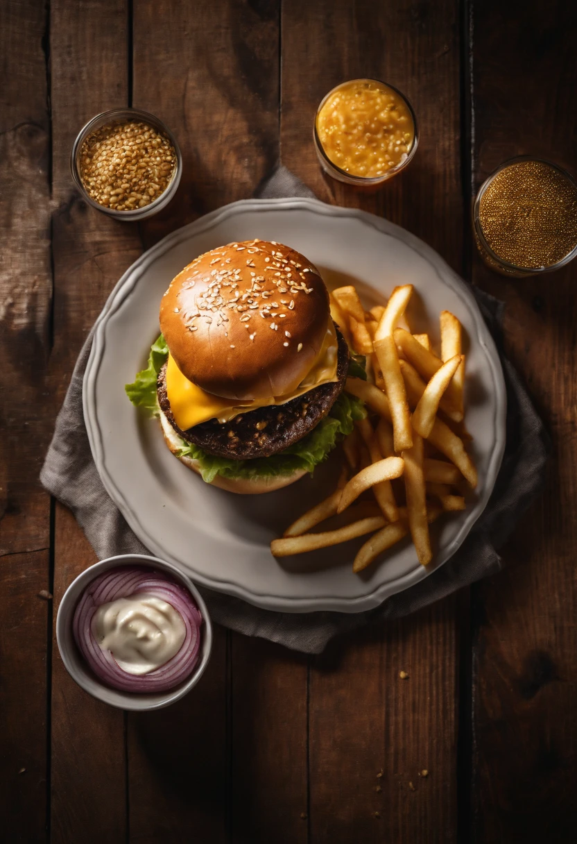 a top-down shot of a cheeseburger on a rustic wooden table, with sesame seeds sprinkled on the bun and a side of crispy golden fries, creating a classic American diner aesthetic