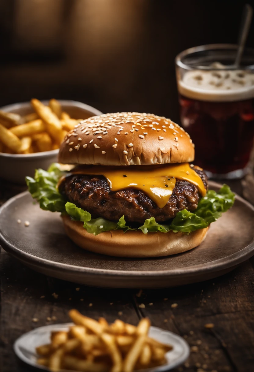 a top-down shot of a cheeseburger on a rustic wooden table, with sesame seeds sprinkled on the bun and a side of crispy golden fries, creating a classic American diner aesthetic
