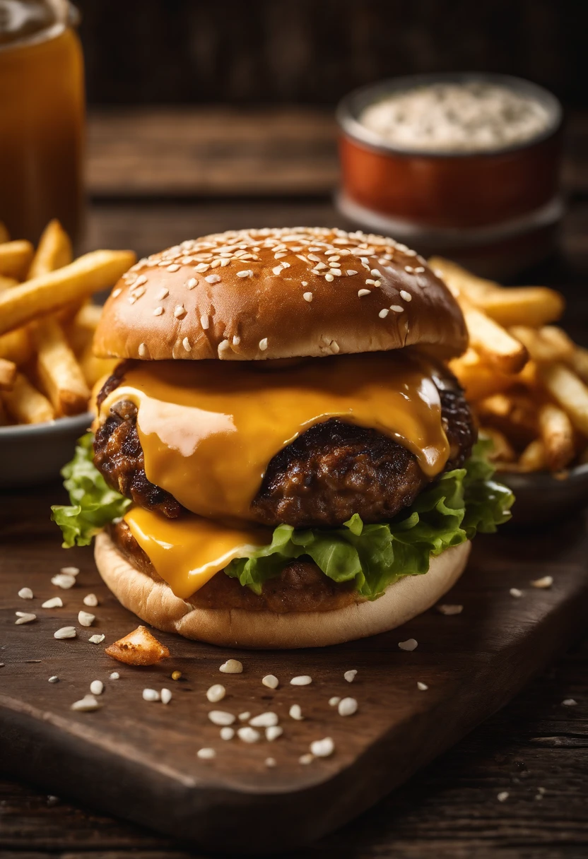 a top-down shot of a cheeseburger on a rustic wooden table, with sesame seeds sprinkled on the bun and a side of crispy golden fries, creating a classic American diner aesthetic