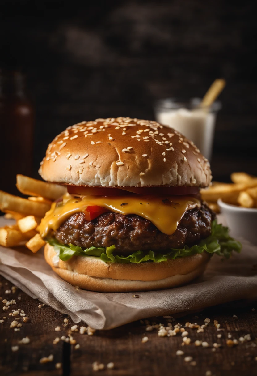 a top-down shot of a cheeseburger on a rustic wooden table, with sesame seeds sprinkled on the bun and a side of crispy golden fries, creating a classic American diner aesthetic