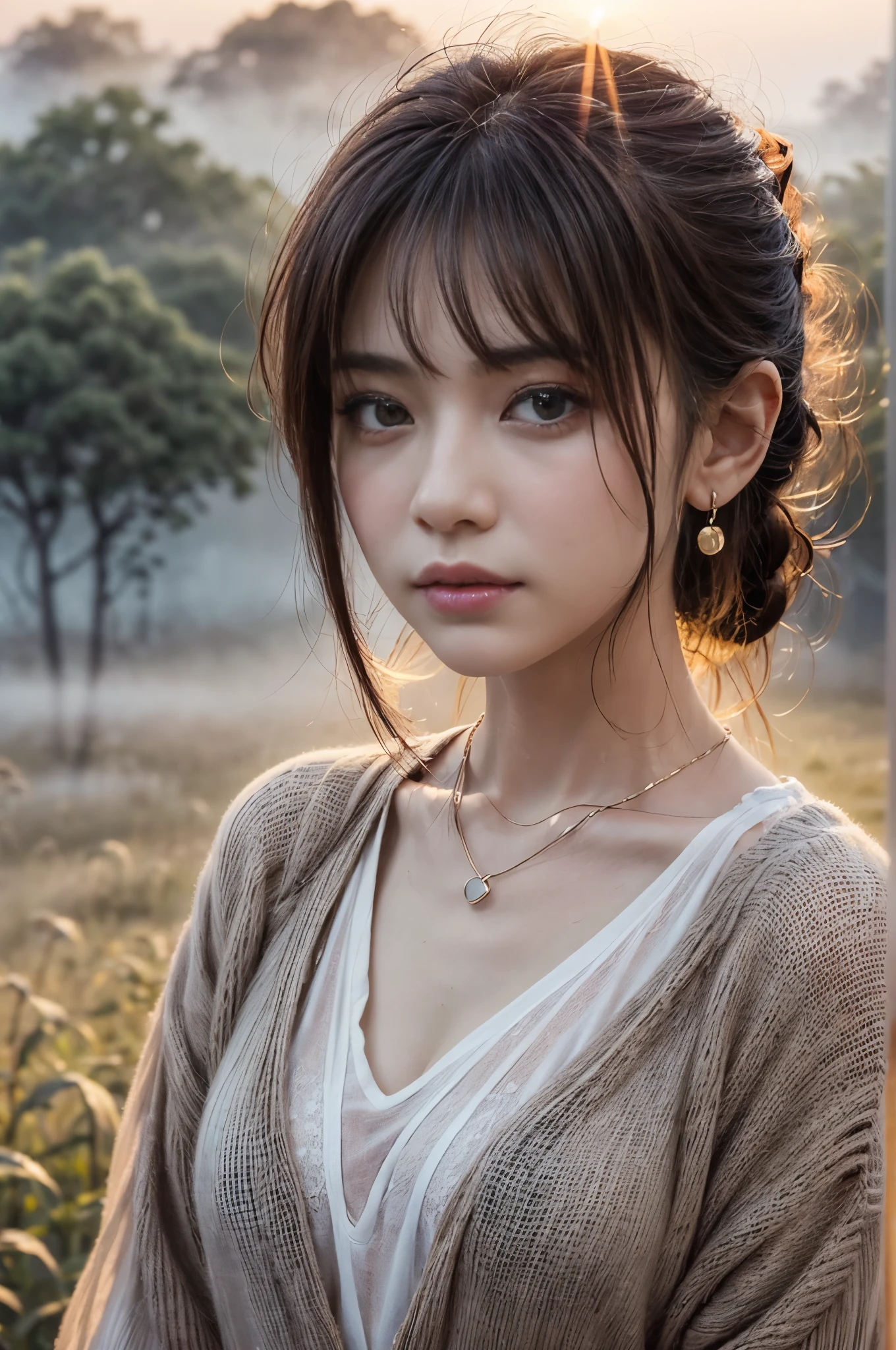 (Photoreal Stick:1.5, masutepiece:1.5, 8K), (top-quality, masterpiece, 超A high resolution), ((fog the lens:1.9)), ((reflect light onto the lens:1.9)), ((Shoot with blur:1.9)), ((sunrises, Sunlight coming in from behind:1.9, The sunlight of the morning sun spreads across the screen:1.9)), ((The woman looks hazy due to the morning mist.:1.9, The entire screen appears white and hazy:1.9)), Face Sharp Focus:1.3, Professional camera work:1.3, Highly detailed skin and facial texture:1.3, Grow Light Effect, The ultra-detailliert:1.3, 1girl in, Fair skin, (Sense of clarity:1.4, a small face), Extremely beautiful face:1.5, (Sense of clarityを感じる目:0.9, looking distantly), Enraptured look:1.0, i love you completely:0.8, (Slightly open mouth:0.4, Sense of clarityを感じる口当たり:0.7), 二重まぶた, Dark brown medium hair, necklace and earrings