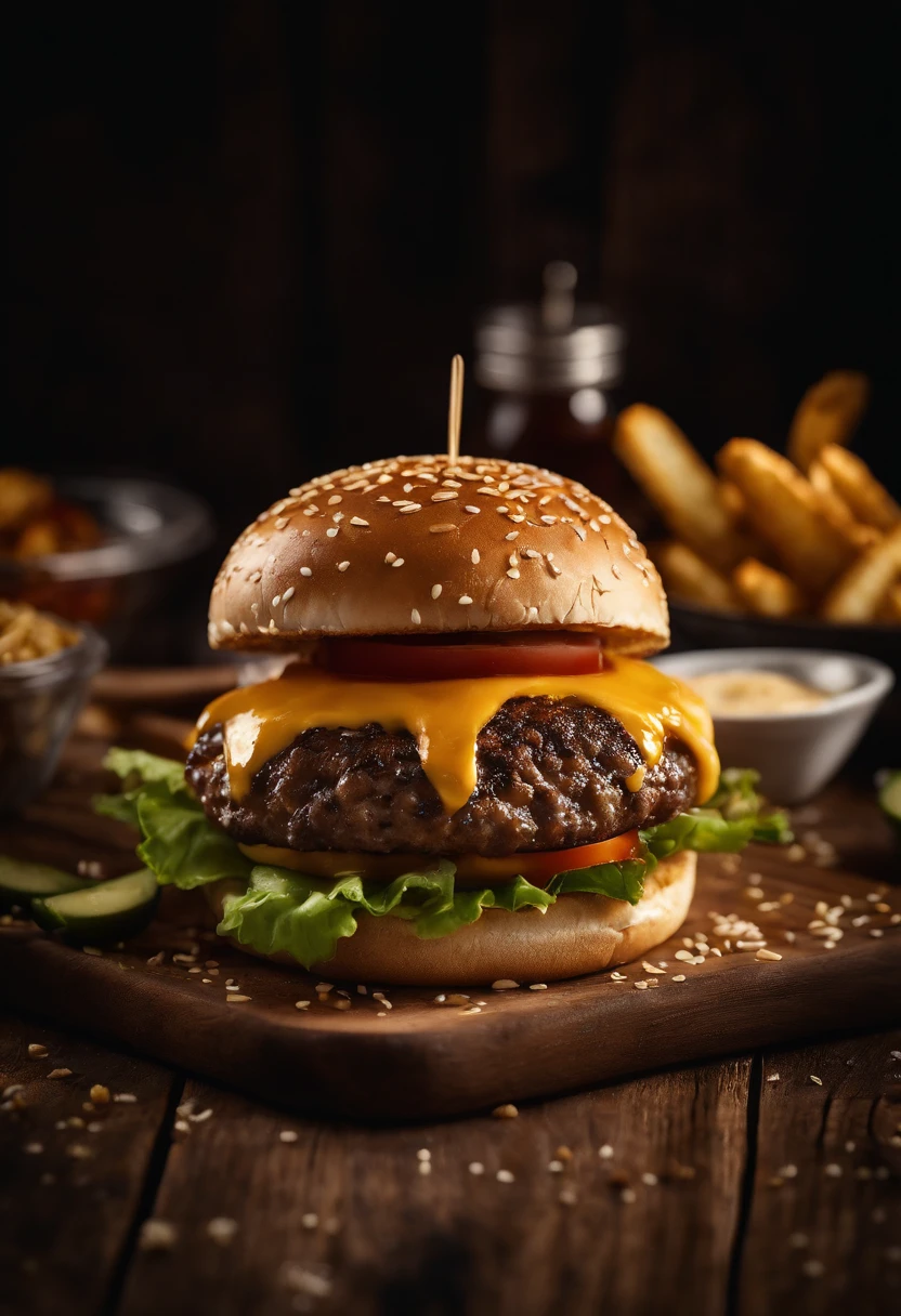 a top-down shot of a cheeseburger on a rustic wooden table, with sesame seeds sprinkled on the bun and a side of crispy golden fries, creating a classic American diner aesthetic