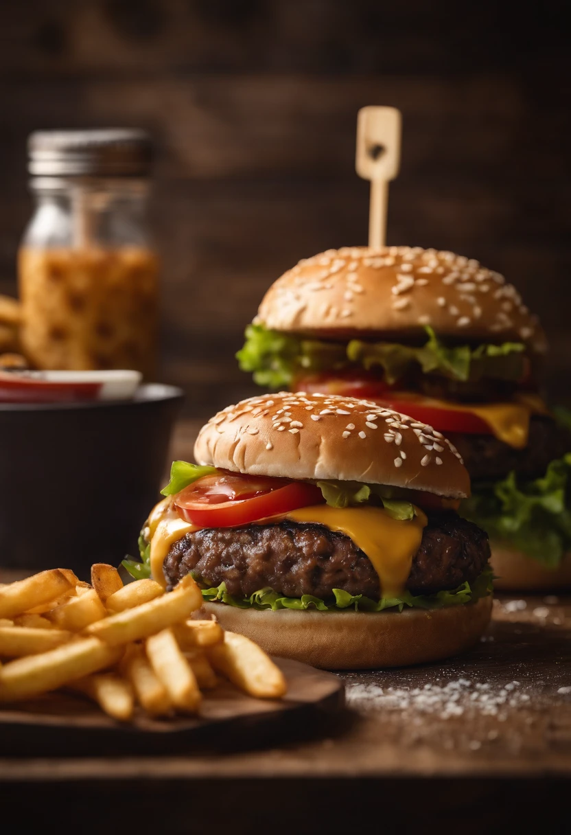 a top-down shot of a cheeseburger on a rustic wooden table, with sesame seeds sprinkled on the bun and a side of crispy golden fries, creating a classic American diner aesthetic