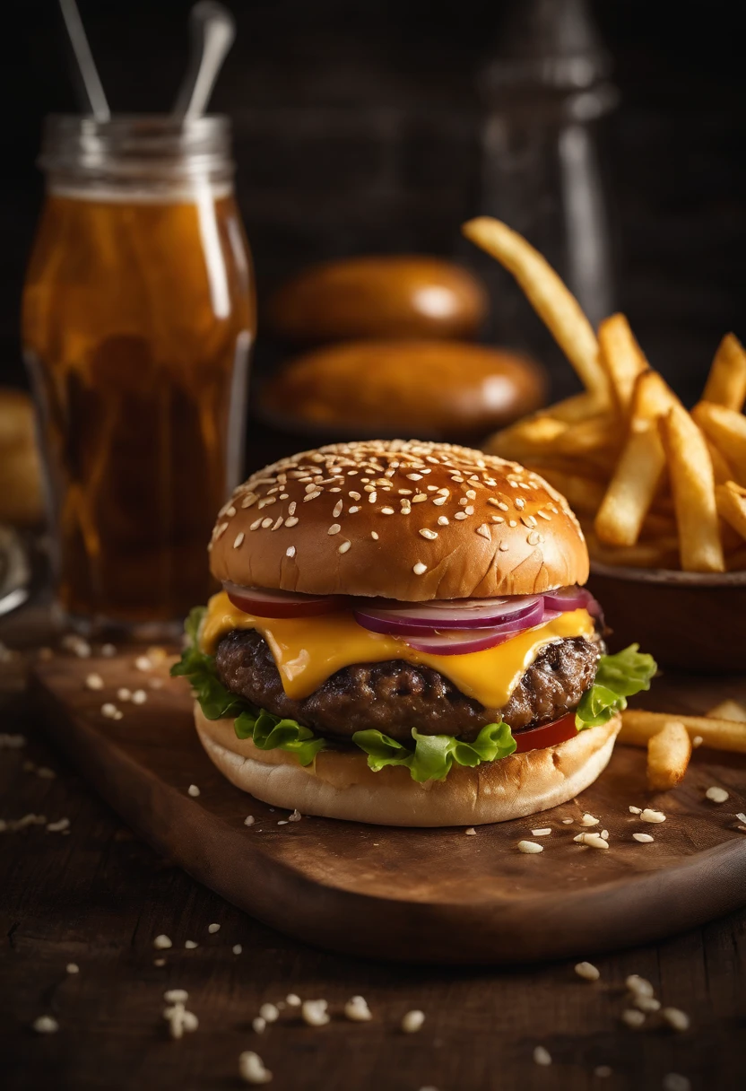 a top-down shot of a cheeseburger on a rustic wooden table, with sesame seeds sprinkled on the bun and a side of crispy golden fries, creating a classic American diner aesthetic