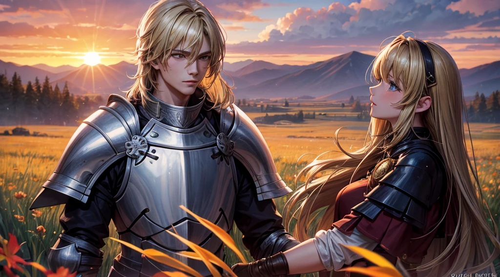 masterpiece,best quality,ultra detailed,(A short-haired male knight and a long-haired female knight hugging each other),upper body shot,blonde hair,(straight hair),look at viewer,(full lips:-0.5),(pink lips:0.8),grassland,(sunrise:1.3)