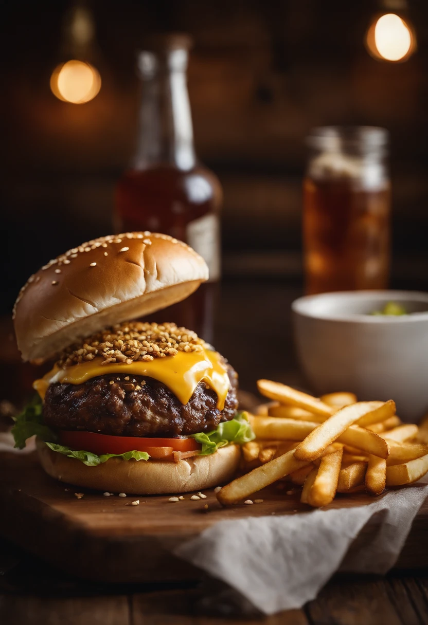 a top-down shot of a cheeseburger on a rustic wooden table, with sesame seeds sprinkled on the bun and a side of crispy golden fries, creating a classic American diner aesthetic