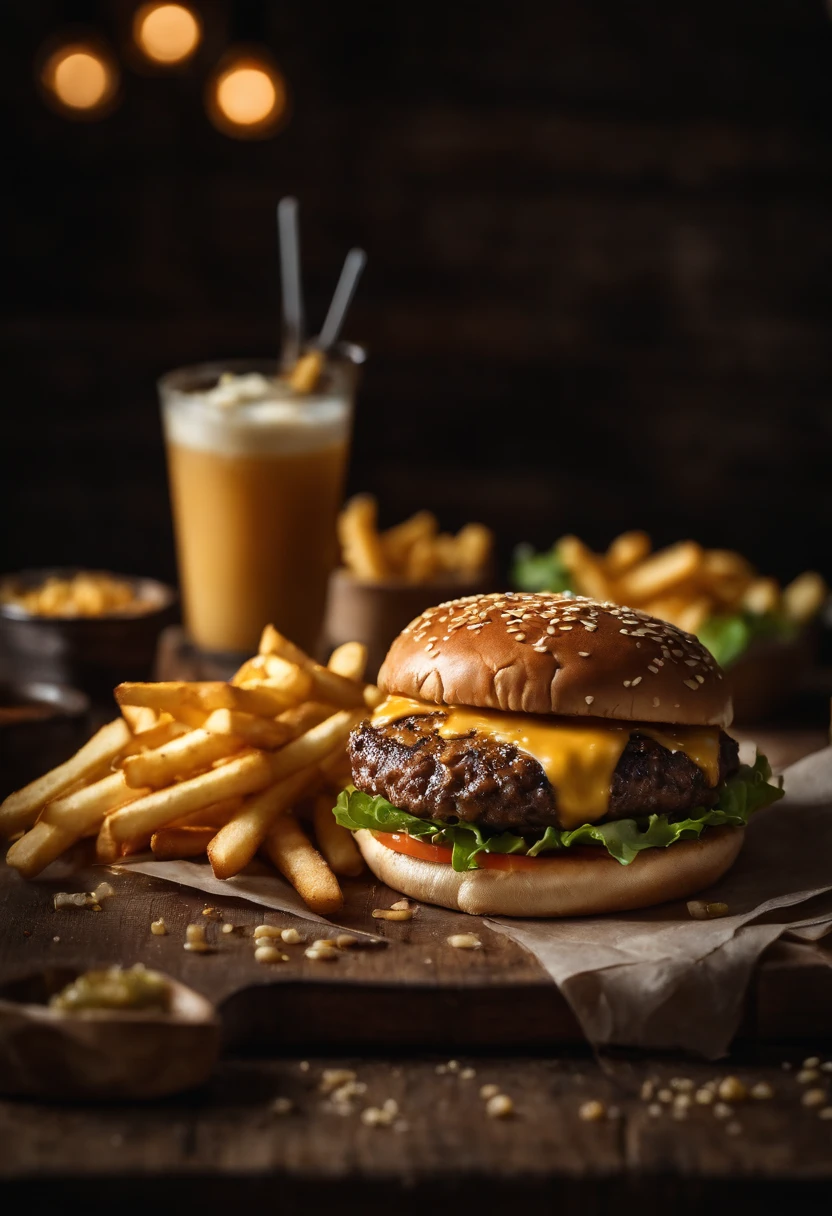 a top-down shot of a cheeseburger on a rustic wooden table, with sesame seeds sprinkled on the bun and a side of crispy golden fries, creating a classic American diner aesthetic