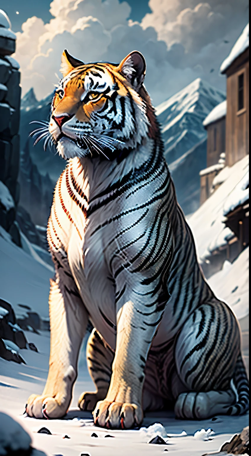 Mountain and Sea Sutra,mythological beasts,Tall body,Stronao white,as if made of clouds,Its eyes are bright and spirited,Length of several feet,For the mountain spirit beast,Its divine light,It's a huge body、Snow-white spirit beast,Standing above the nine peaks,The tiger descends the mountain,The backdrop is lofty mountains,There are ancient buildings below,Lightning and lightning,salama,Delicate details on the face,Mouth open,Perfect fangs,The neck has a thick mane,clear silhouette,Perfect details,Epic composition,The scene is magnificent,Ultra photo realsisim,hyper realisitc,
