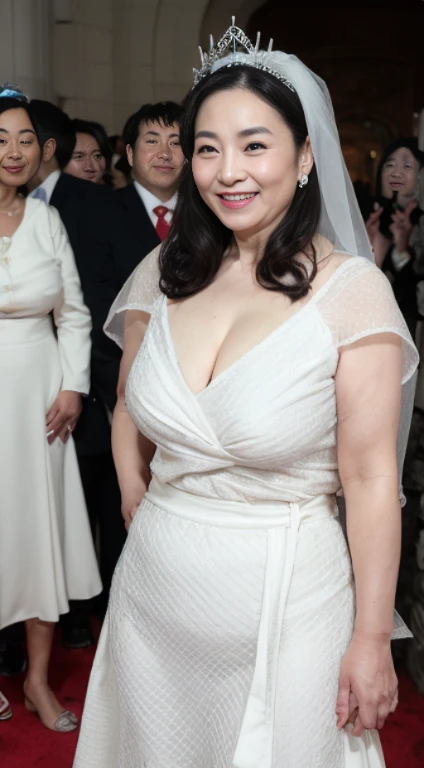 Best Quality, hight resolution, Hires, Skin definition, Detailed skin, Detailed eyes, Detailed face, 4K, 日本人A MILF, ((独奏)), (((50 years old))), (Wrinkles at the corners of the eyes:1.5), (nasolabial folds:1.5), A MILF, glamor, A sexy, Chromo-white skin, (((white hair))), ((Wavy Longhair)), Looking at Viewer,(((Aging skin:1.3))), ((loose muscles:1.4)), (((A slender))), (((Very large breasts:1.28))), ((Saggy udder)), (Saggy buttocks), ((Japanese Models)), 4K, (photoRealistic:1.5), Realistic, nffsw, Beautiful, Bimbo, Perfect makeup, {(((weddingdress))), (((long skirt))), (((Skirt with slits))),(((Long veil))), (garterbelts), (White fishnet stockings), ((shining tiara)}}, ssmile, on the red carpet in the church,