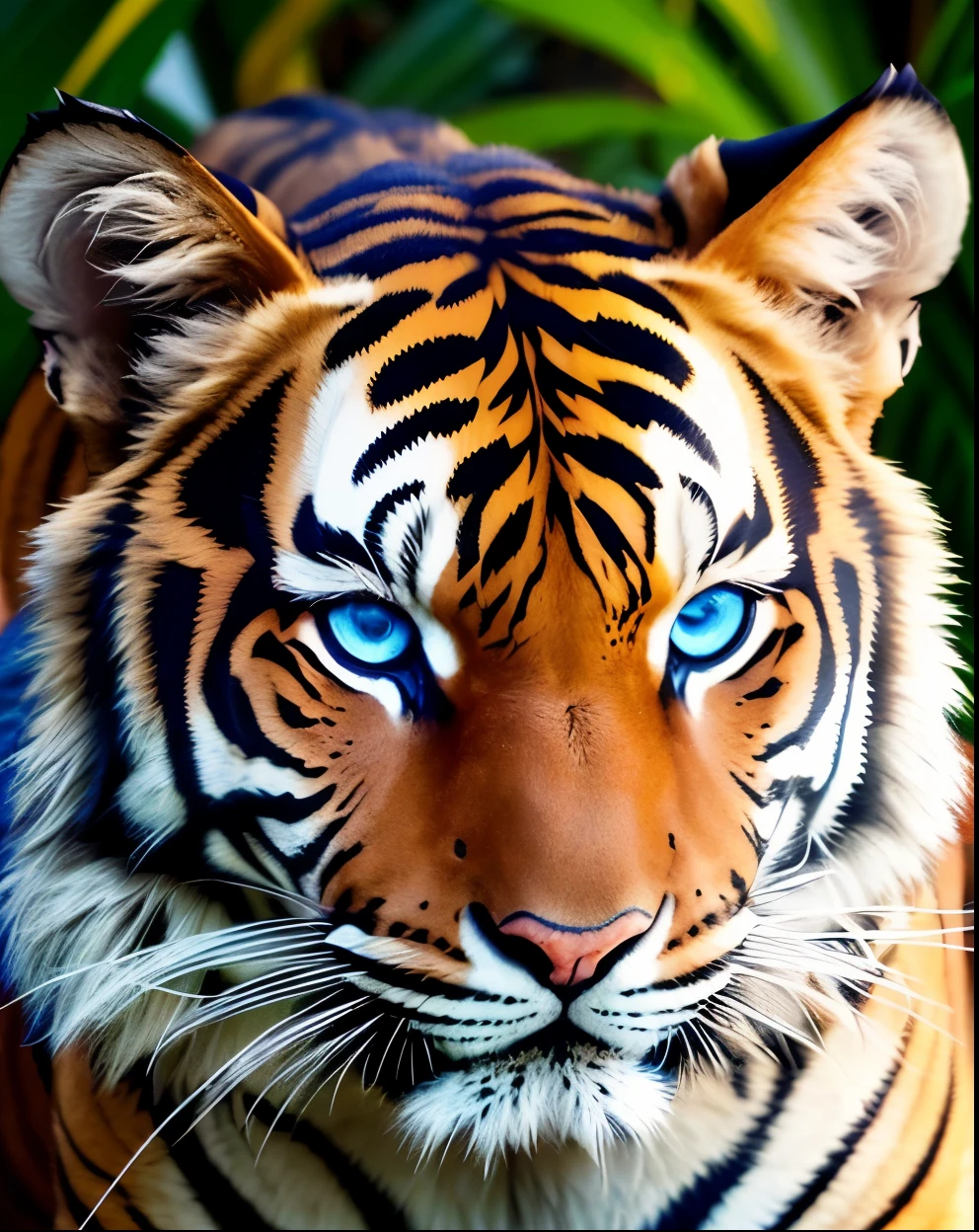A closeup of a tigre with eBlue eyes and a blurred background, Friendly 4K emoticons, digital art animal photo, white tigre, Beautiful and detailed animals, tigre_beastly, icy look in the eye, ((tigre)), eBlue eyes, tigre, cosmic tigre, mesmerizing eBlue eyes, beautiful bright eBlue eyes, A fierce-eyed, tigre face, vivid eBlue eyes, tigres