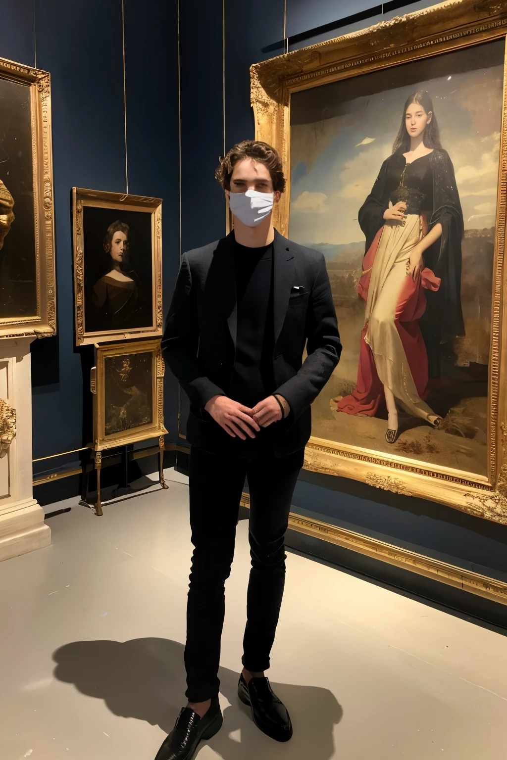 A young beautiful French man who is wearing mask and standing in the museum