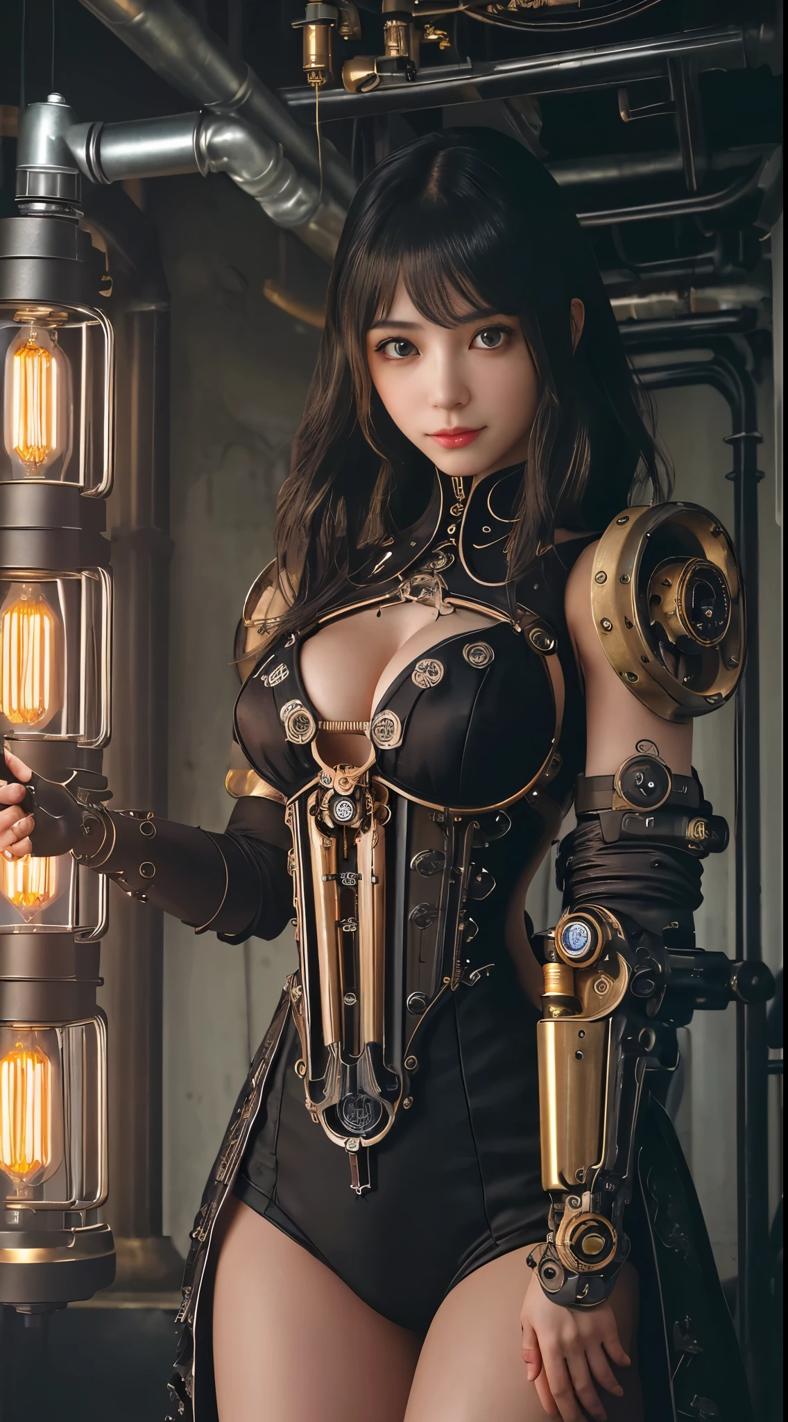Cute young biomechanical steampunk fighting cyborg woman realistic movie scene shallow focus, More about their full-body steampunk、It is located in fluid motion in an arid location with stunning landscapes of clouds and sunsets.、hydraulic cylinder、metro、Pipes、LED lamp、vacuum tubes、procesador、LED、Tubo de escape de fibra de vidrio、radiador、electronic circuits、LEDs brillantes、
El escote es visible、
(Usar ropa futurista (mandarina:0.3) Su complejo, Detailed anatomically sculpted biomechanical steampunk body, (Biomecánico steampunk cyborg grady、Complex and detailed anatomical sculpted with gothic detail).Auriculares futuristas、Gothloli decoration、
(Anatomically sculpted biomechanical steampunk cyborore in elegant and glamorous gothic lolibles, Los cables y microchips son、Skillfully in her female cyborg body)
Cuerpo delgado y caliente con una hermosa cara redonda joven, Expresivos grandes ojos redondos,
Capturado con luz natural brillante y hermosos colores vibrantes. Stunning steampunk-style 8K resolution visuals.
The scene has a strong heroic mood unconquerable, A masterful full scene of the full-bodied woman standing with a happy expression.