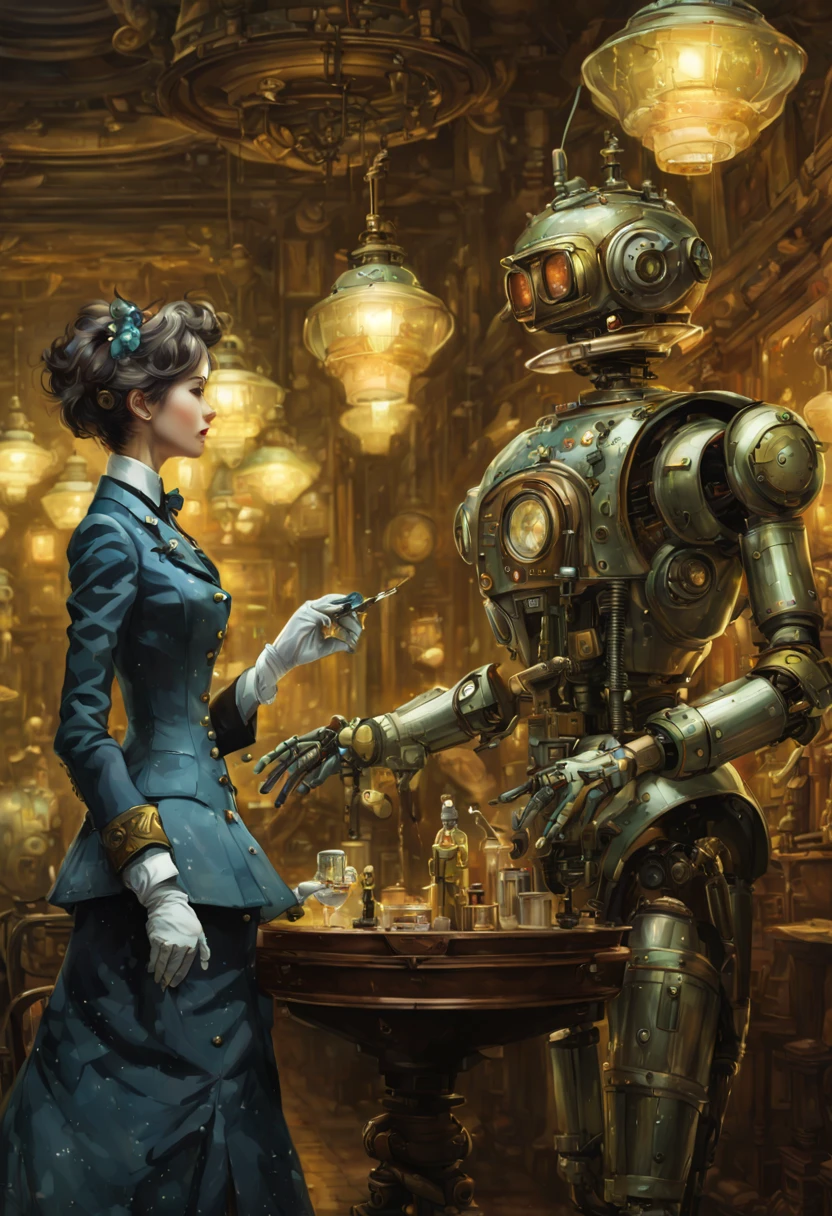 “Futuristic Victorian robot butler wearing a fancy suit and talking to a cute robot maid" steampunk:: maximalist hyperdetailed fantasy masterwork by Kim Jung Gi, Yoshitaka Amano, Android Jones, Jeremy Mann, masterpiece, vibrant triadic colors, ambient occlusion, dramatic lighting, ray tracing, beautiful composition, incredible depth