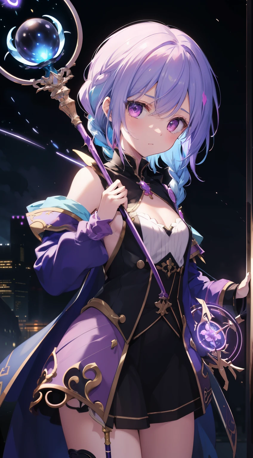 (initial sketch: a girl with one magic staff in her hand, building the correct anatomy), 1 girl, (cute), small breast size, pink eyes, (blue hair), medium hair, (1 braid), staff in her hand, casts a spell, staff shines, (streams of neon purple mana around the staff), night, (without restrictions:1.6), ((Masterpiece)), (best quality), (beautiful background), (detailed illustration), HDR, (cinematic light), ((colourful)), ((rtx)), high quality colorful, correct anatomy, (the most perfect composition ever made), (final absolute detail), (removal extra details), (removal extra artefacts)