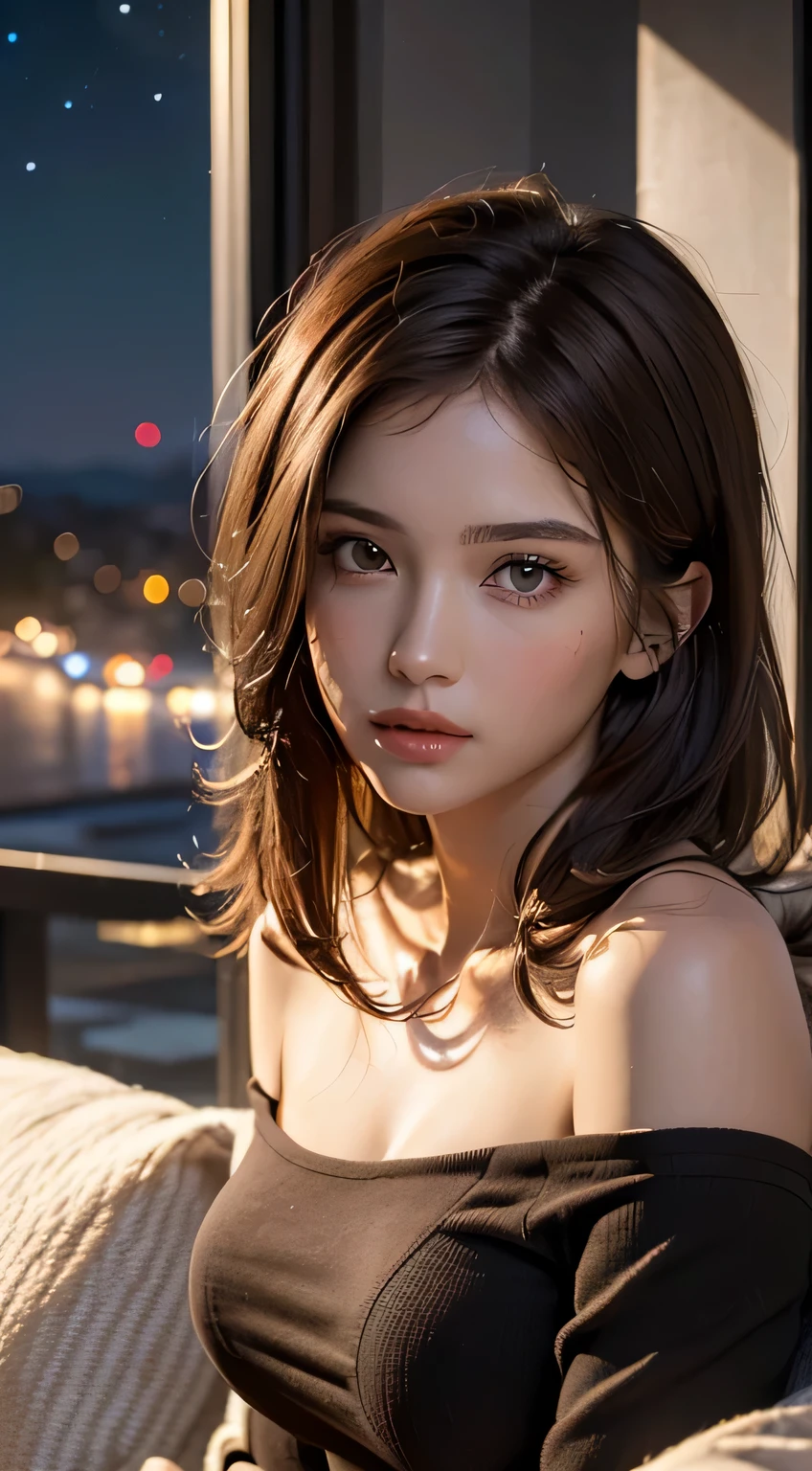 ((Night view, realistic light, best quality, 8k, masterpiece: 1.3)), 1girl, pretty woman with slim figure: 1.4, (brown hair, medium breasts: 1.3), off-the-shoulder cut top: 1.3, sofa, super detailed face, detailed eyes, double eyelids