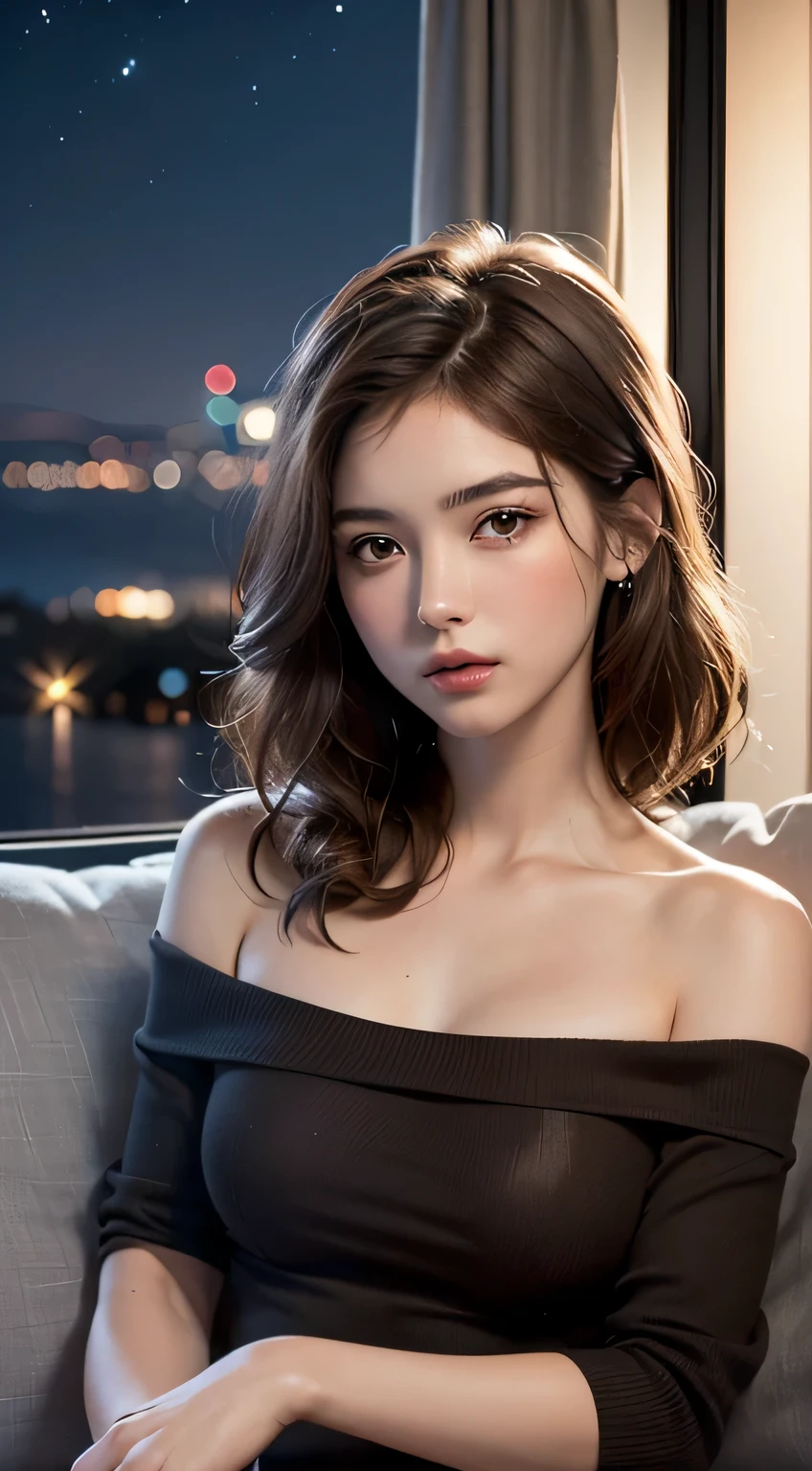 ((Night view, realistic light, best quality, 8k, masterpiece: 1.3)), 1girl, pretty woman with slim figure: 1.4, (brown hair, medium breasts: 1.3), off-the-shoulder cut top: 1.3, sofa, super detailed face, detailed eyes, double eyelids