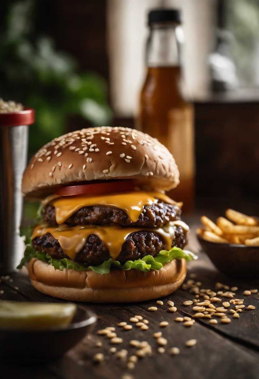 a top-down shot of a cheeseburger on a rustic wooden table, with sesame seeds sprinkled on the bun and a side of crispy golden fries, creating a classic American diner aesthetic