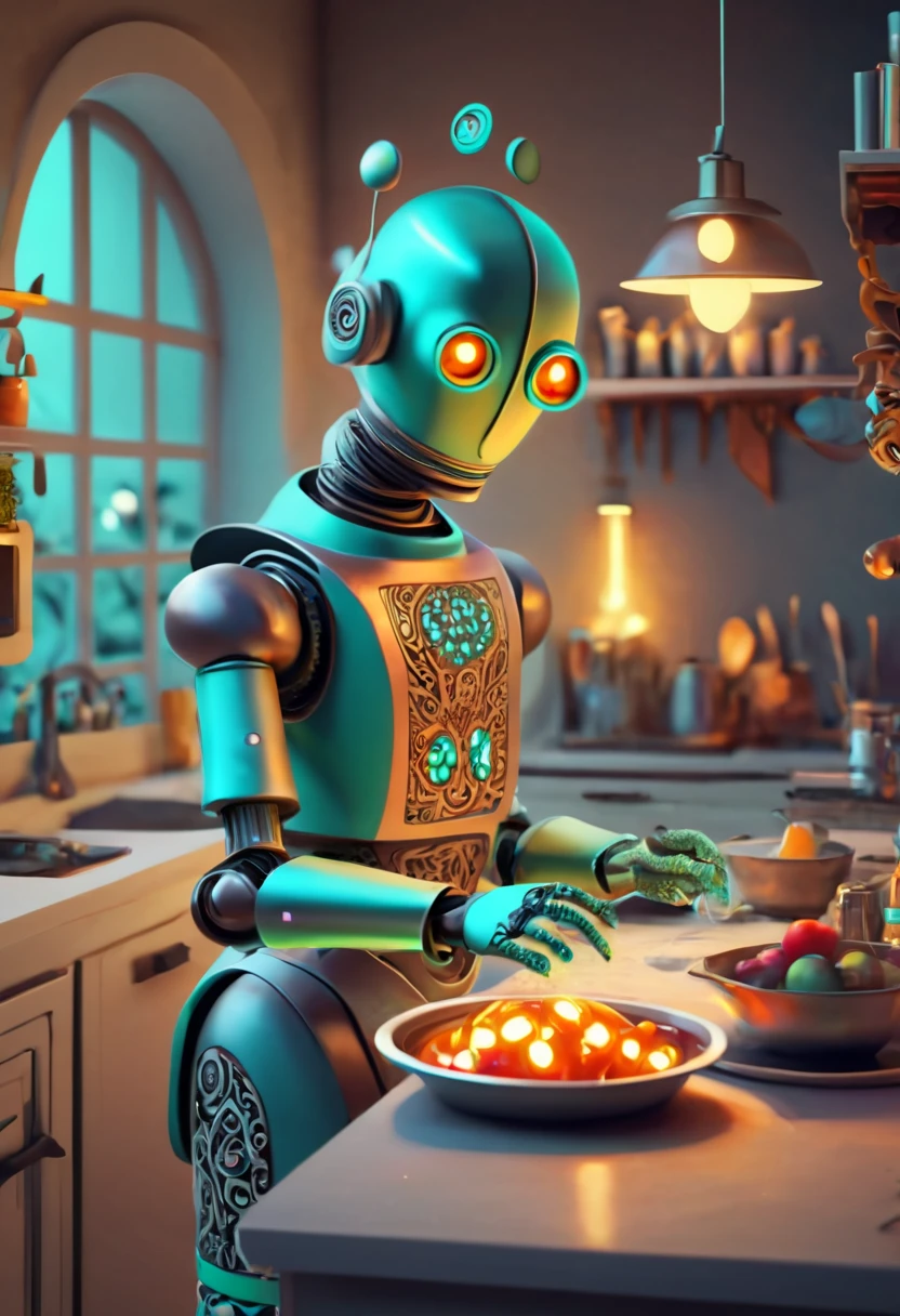 Robot Butler. (best quality,4k,highres:1.2),ultra-detailed,(realistic:1.37),zentangle style Robot Butler cooking for his owners, in the kitchen,ethereal atmosphere,dark shadows,whimsical,neon lights,upbeat energy ,hidden secrets,glimmering reflections,mesmerizing colors,lively and vibrant,mysterious figures,intense intrigue,curiosity piqued,unforgettable moments,secret doorways,elusive mysteries,thrilling adventures,hint of danger,enchanted architecture,wonder-filled alleyways,magical encounters,unfolding stories,spellbinding moments,bewitching journey,nighttime allure,fantasy unleashed.