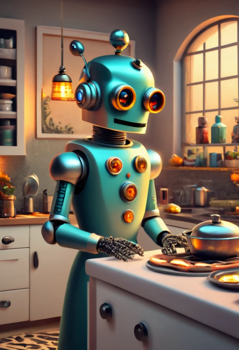 Robot Butler. (best quality,4k,highres:1.2),ultra-detailed,(realistic:1.37),zentangle style Robot Butler cooking for his owners, in the kitchen,ethereal atmosphere,dark shadows,whimsical,neon lights,upbeat energy ,hidden secrets,glimmering reflections,mesmerizing colors,lively and vibrant,mysterious figures,intense intrigue,curiosity piqued,unforgettable moments,secret doorways,elusive mysteries,thrilling adventures,hint of danger,enchanted architecture,wonder-filled alleyways,magical encounters,unfolding stories,spellbinding moments,bewitching journey,nighttime allure,fantasy unleashed.