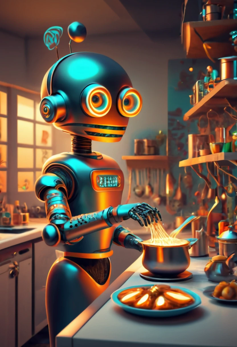 Robot Butler. (best quality,4k,highres:1.2),ultra-detailed,(realistic:1.37),zentangle style Robot Butler cooking for his owners, in the kitchen,ethereal atmosphere,dark shadows,whimsical,neon lights,upbeat energy ,hidden secrets,glimmering reflections,mesmerizing colors,lively and vibrant,mysterious figures,intense intrigue,curiosity piqued,unforgettable moments,secret doorways,elusive mysteries,thrilling adventures,hint of danger,enchanted architecture,wonder-filled alleyways,magical encounters,unfolding stories,spellbinding moments,bewitching journey,nighttime allure,fantasy unleashed.