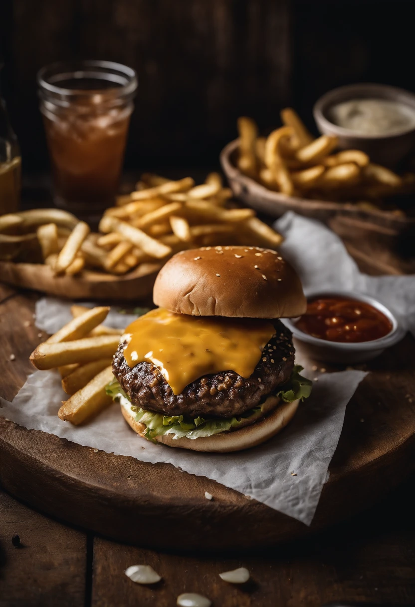 a top-down shot of a cheeseburger on a rustic wooden table, with sesame seeds sprinkled on the bun and a side of crispy golden fries, creating a classic American diner aesthetic