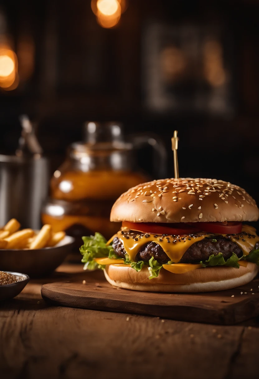 a top-down shot of a cheeseburger on a rustic wooden table, with sesame seeds sprinkled on the bun and a side of crispy golden fries, creating a classic American diner aesthetic