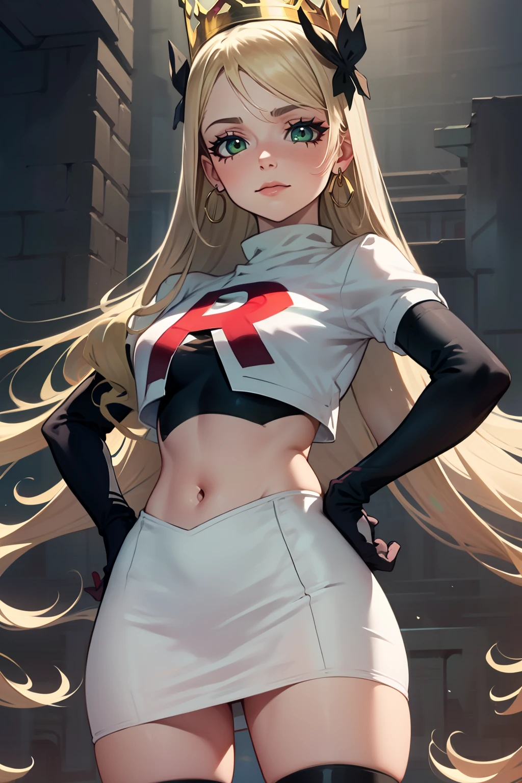 celinefe, celinecrown ,glossy lips, light makeup, eye shadow, earrings ,team rocket,team rocket uniform, red letter R, white skirt,white crop top,black thigh-high boots, black elbow gloves, sinister villianess look, looking down on viewer, hands on hips