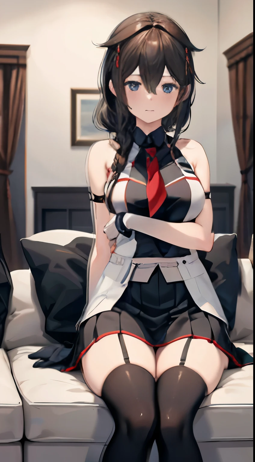 Shigure Kai 3 KanColle Sleeveless Black Thimble Gloves Black Skirt Braid 8K High Resolution Very Fine Eyes Very Fine Face、Insanely detailed body、Extremely fine skin, very elaborate hair ornament, Precisely shaped body and hands 1 person Living room in a private house 妖艶な表情