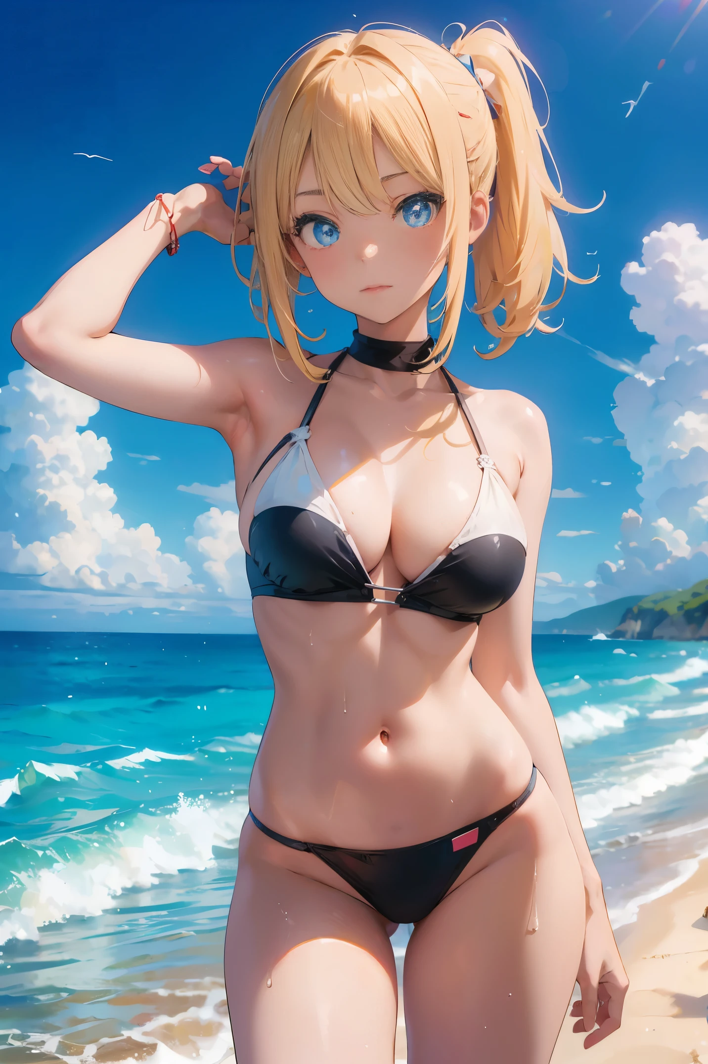 anime character, girl, 18 years old, gyaru, black skin, blonde hair, blue eyes, white bikini, on beach, 4k