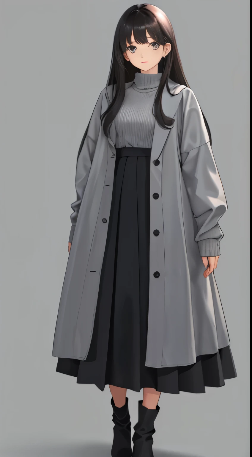 (1girl in), , (interview), ( Background),Beautiful detailed eyes, Delicate beautiful face,A dark-haired、Longhaire, fluffy hair, Gray Background,From head to foot,Plain clothe,Stylish,Calm,is standing、knit、long  skirt,grey skirt、long boots